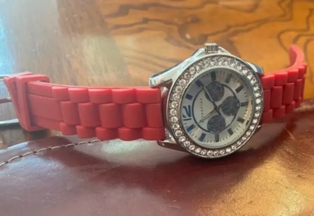Women's 40mm Silver Tone Attention Watch, Crystal  Accents, Red Poly Band